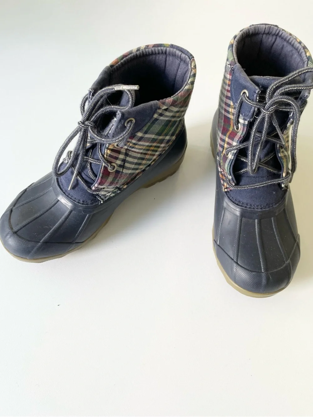 Sperry Port Boot Duck Boot Navy Blue Plaid size 1 Waterproof Lace Up